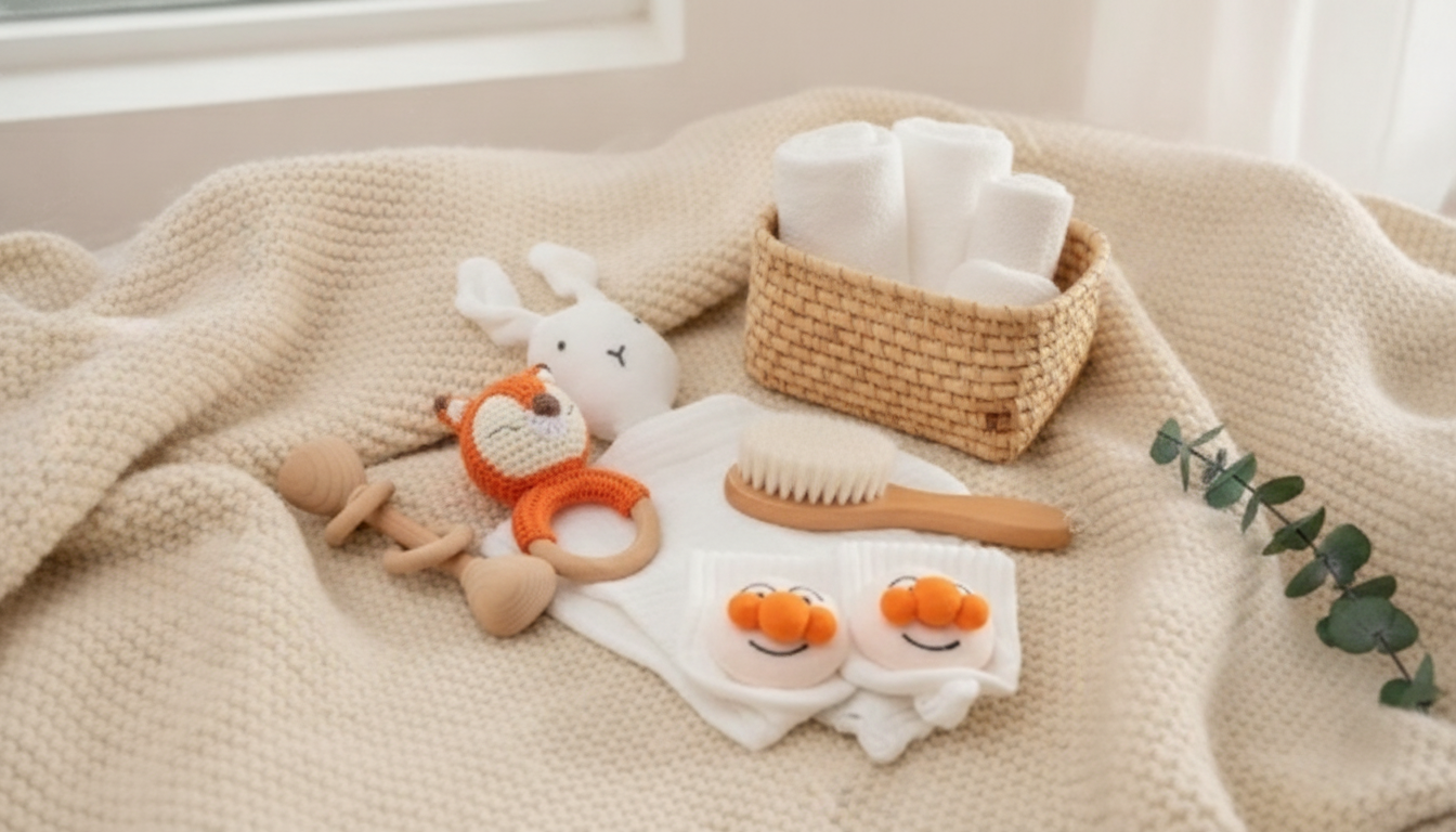 Newborn Bath Set Essentials: Towel, Socks, Rattle, Brush